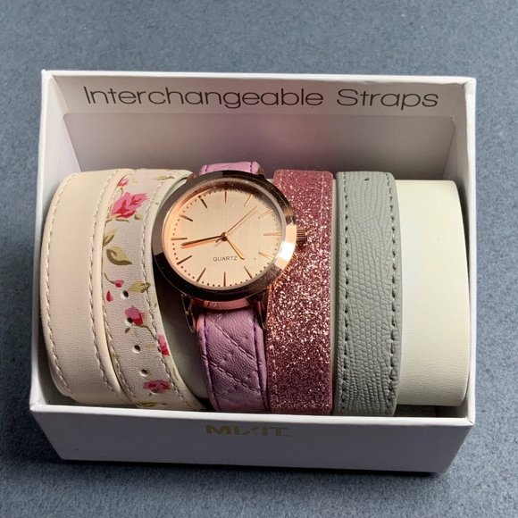 Mixit Accessories - Mixit Womens Watch 5 Interchangeable Straps Barbie Rose Gold Pink Floral Reptile